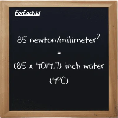 How to convert newton/milimeter<sup>2</sup> to inch water (4<sup>o</sup>C): 85 newton/milimeter<sup>2</sup> (N/mm<sup>2</sup>) is equivalent to 85 times 4014.7 inch water (4<sup>o</sup>C) (inH2O)
